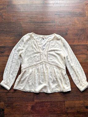 LOFT Eyelet Long Sleeve Blouse in White Size Medium